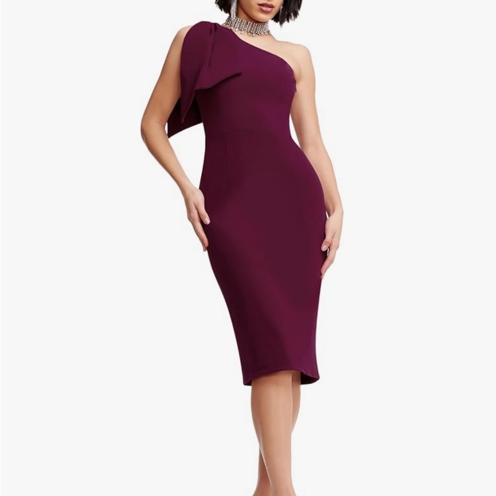Dress the Population Womens Tiffany One Shoulder Bow Detail Midi Sheath Dress